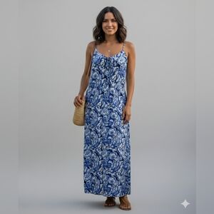 Gap Women's Blue Floral Spaghetti Strap Smocked Maxi Dress Size Large EUC